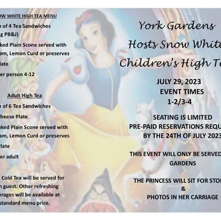 SNOW WHITE TO HOLD STORY TIME COURT IN OUR GARDENS ON JULY 24TH BETWEEN 1-2 &amp; 3-4. 
SPACE IS LIMITED 
PRE-PAID RESERVATIONS REQUIRED