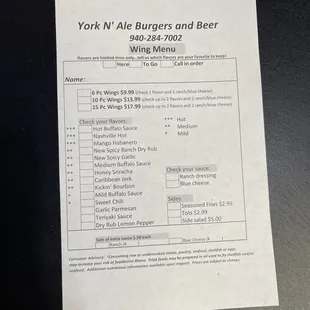 Wing menu