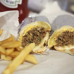 a burrito and french fries