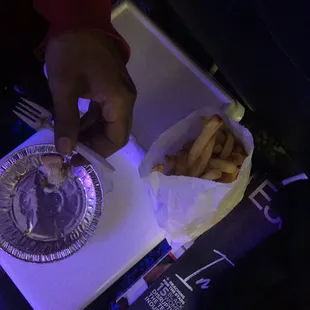 Hubby demolished first bean pie. His fries for his Lamb Gyro.