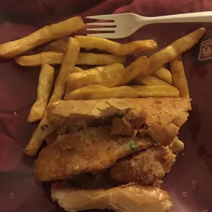 My portion of this huge meal!  Chicken Parmesan Sub French Fries with Gravy