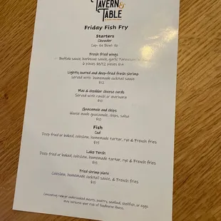 Friday fish fry menu