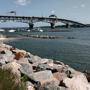 a view of a bridge over the water