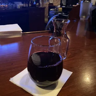 a glass of wine on a napkin