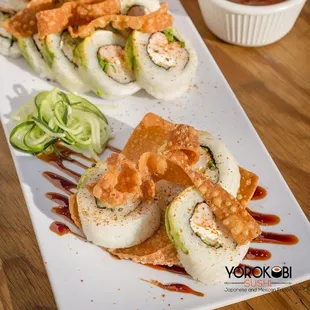 a plate of sushi rolls