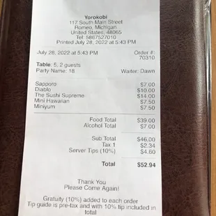 the receipt for the restaurant