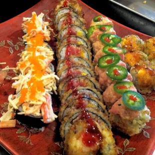 (Left to right) Michigan roll Gawain crunch Hot mama and romeo bulldog! All so good