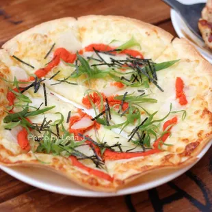 Mochi Mentai Mayo Pizza ($13) - spicy pollack row, shaved mochi, mozzarella cheese roasted seaweed, scallions, flour tortilla, QP mayo