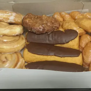 Glazed Cinnamon Rolls, Apple Fritter, Chocolate Iced Long Johns, Glazed Twists