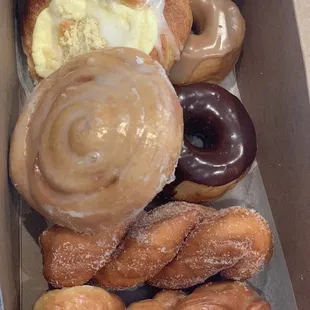 Sunday Morning Deliciousness! (Cheese Danish, Cinnamon Roll, Sugar Coated Knot, Glazed Knot, Chocolate Glazed, Maple Glazed)