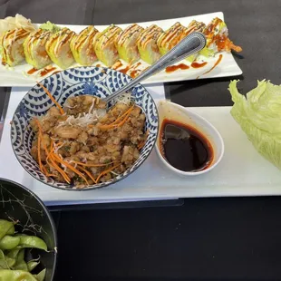 Shrimp Lettuce Wraps, Garlic Edamame and Godzilla Roll