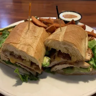 Chicken Bacon Avocado Sandwich with sweet potato fries