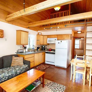 Living room/kitchen area of the Lupin Cabin