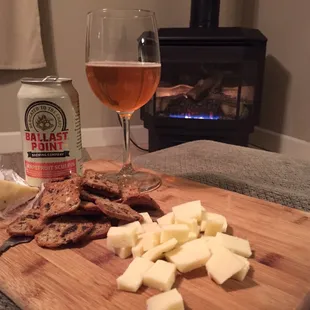 Beer and cheese by the gas fireplace