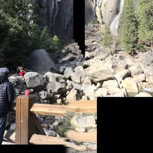 My family climbed the rocks to get close to the falls