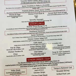 Senior menu for breakfast, lunch and dinner