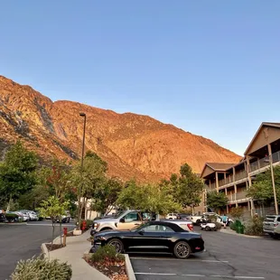 View from a parking lot during sunset at Yosemite View Lodge