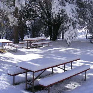 Campground picnic tables after snow