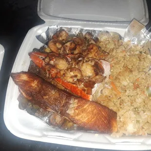 Seafood triple, teriyaki salmon,shrimp and lobster tail,fried rice,
