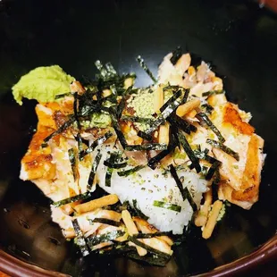 Sake Chazuke:  Green tea poured on rice ball w/salmon flakes