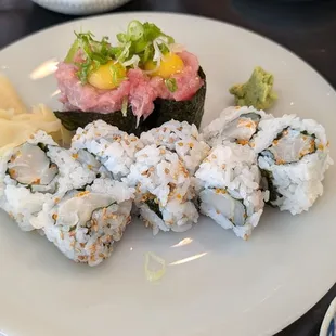 Scallop roll and chopped toro with egg yolk