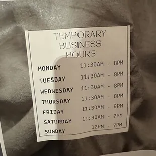 Temporary hours as of 2/27/24