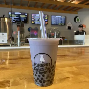 Taro Milk Green Tea (16 oz) with extra boba!  (08/04/2023)