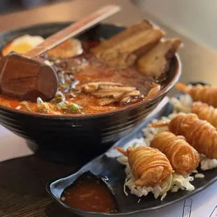 Black pork spicy noodle and potato shrimps