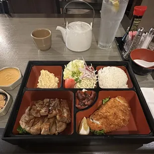 Lunch special. Bento Box came with calamari &amp; teriyaki chicken, choice of fried rice or white rice &amp; Miso soup too. Delicious!