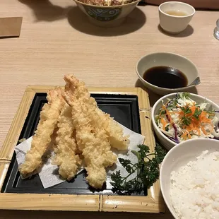 Shrimp tempura dinner and Katsudon.