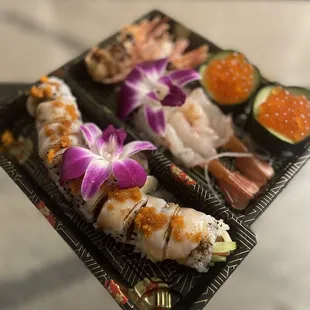 13. Sakan Roll -left Order of sashimi sweet shrimp and ikura - right