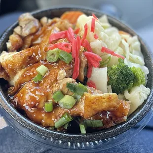 Chicken Teriyaki bowl with rice and veggies. This was my free Birthday Bowl!