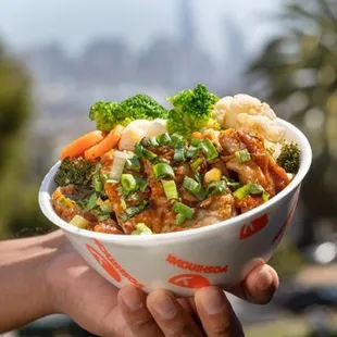 a person holding a bowl of food