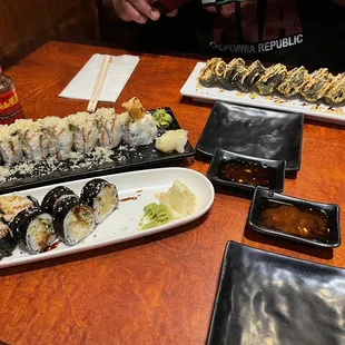 Left: I had the Shrimp Tempura Roll and tempura roll. Upper right: My boyfriend had the Lion King Roll.