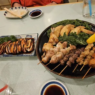 Ika Maru Yaki (squid) + yakitori combo (skewers)
