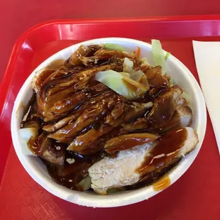 Teriyaki white meat chicken with vegetables and a little brown rice.  Yum!