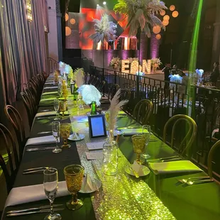 a long table set for a party