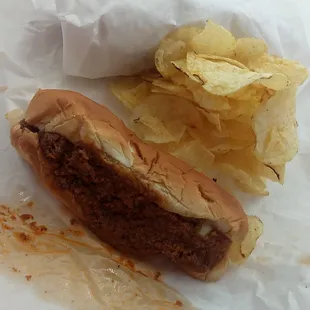 chili dog, chips, and another chili dog