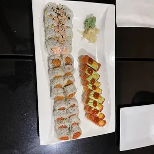 Crunchy crab roll, spicy tuna roll, and napoleon special roll