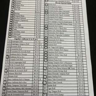 Sushi menu