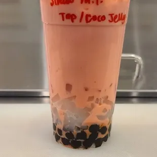 Strawberry Milk Tea with Tapioca and Lychee Jelly