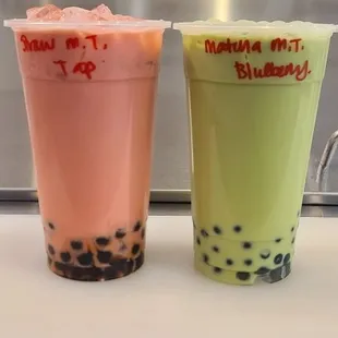 Strawberry Milk Tea with Tapioca 
Honeydew Milk Tea with Blueberry Poppin Boba