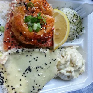 Crab stuffed salmon and garlic ahi combo plate