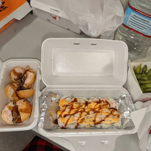 Mushroom ball, baked scallop roll and edamame in garlic