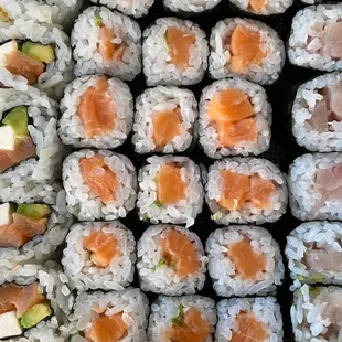 Philly roll, salmon roll, yellow tail roll