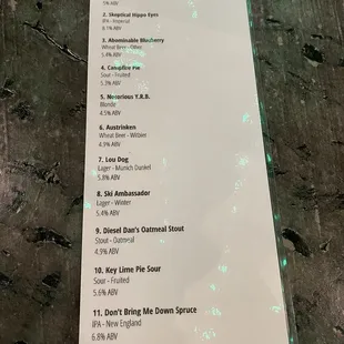 Beer menu