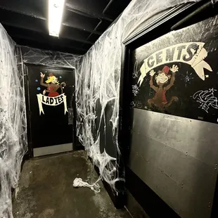 a hallway decorated for halloween