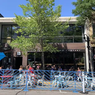 a group of people sitting outside of a building