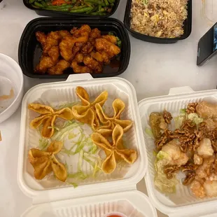 Pan Fried String Beans, Broadway Fried Rice combo, Orange Peel Chicken, Crabmeat Cheese Puffs, Pumpkin Prawns with Candied Walnuts