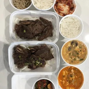 2 galbi combos with mushroom tofu (mild) and dumpling tofu (medium)